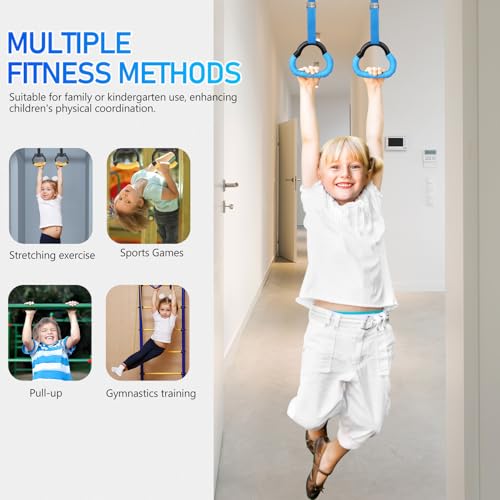 Gymnastics Rings Set with Adjustable 1m Straps, Sturdy Fitness Training Equipment for Strength and Pull-up Workouts, Blue Cartoon Design for Boys