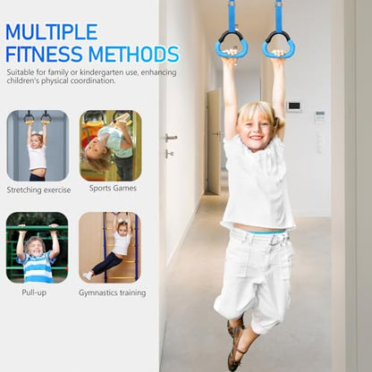 Gymnastics Rings Set with Adjustable 1m Straps, Sturdy Fitness Training Equipment for Strength and Pull-up Workouts, Blue Cartoon Design for Boys