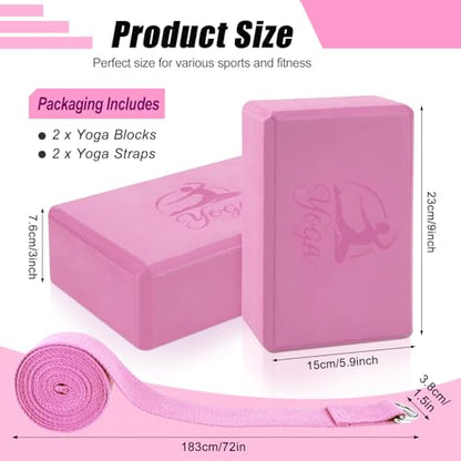 RETON Yoga Blocks Set, High - Density Yoga Block with 2 Strap, Lightweight Foam Brick Yoga Pilates Blocks, Anti-Slip Yoga Brick with Embossed Design for Posture Adjustment and Movement Assistance