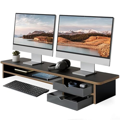 Fenge Monitor Stand, Desk Computer Riser with Frosted Storage Drawer, Black - color: Black