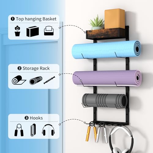 Yoga Mat Holder Wall Mount - Tool-free Adjustable Yoga Mat Rack Shelf, All-in-one Foam Roller Holder for Resistance Bands & Blocks, Space-saving Home Gym Organizer for Small Space Training Storage