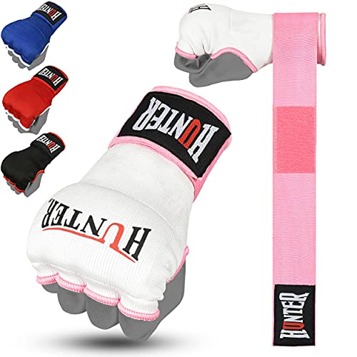 HUNTER Gel Boxing Hand Wraps for Men & Women, Quick Inner Gloves with Wrist Support for MMA, Muay Thai, Kickboxing & Martial Arts Training, Knuckle Protection (Pair) - color: White/Pink, size: Large-X-Large