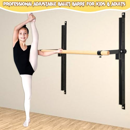 Ballet Barre Wall Mount, 4ft/5ft, Adjustable Height for Home，Solid Beech Wood Bar,Steel Brackets,Foldable Design,Stretch & Workout Equipment,for Adults Kids Studio Gym