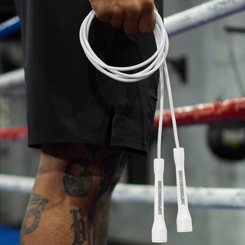 JDU Athletics Speed Series I Made For Boxing 20% Heavier Than Standard PVC Tangle-Free Boxer's Jump Rope, Size Adjustable, Indestructible Handles, Double Unders, Beginners and Experts - color: White Eclipse 11FT