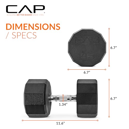 CAP Rubber Coated Dumbbell Weights, Free Weights for Home Gym Strength Training, Anti-Roll Hex Dumbbells with Black, Chrome & Comfort Grip Handles, Singles - size: 45 lb, style: 12-Sided - Chrome Handle