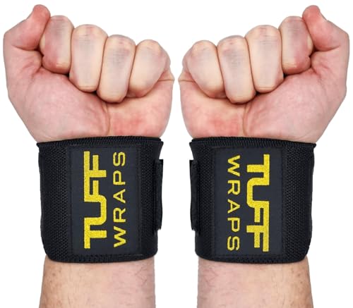 TuffWraps 16" Wrist Wraps: No Thumb Loops, Quality Gym Wrist Wraps for Weightlifting, Bench Press, Powerlifting, and Cross-Training—Try The Belt Loop Tightening System - color: Black/Gold