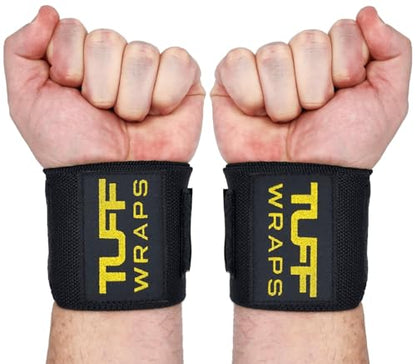 TuffWraps 16" Wrist Wraps: No Thumb Loops, Quality Gym Wrist Wraps for Weightlifting, Bench Press, Powerlifting, and Cross-Training—Try The Belt Loop Tightening System - color: Black/Gold