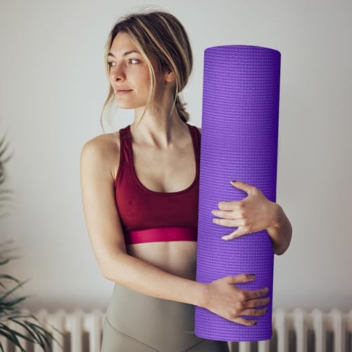 5mm Thick Anti-Tear High Density Non Slip Exercise Mat with Carrying Strap - Hot Yoga Mat for Fitness, Home, Gym, Workouts, Stretching, Pilates - color: Purple