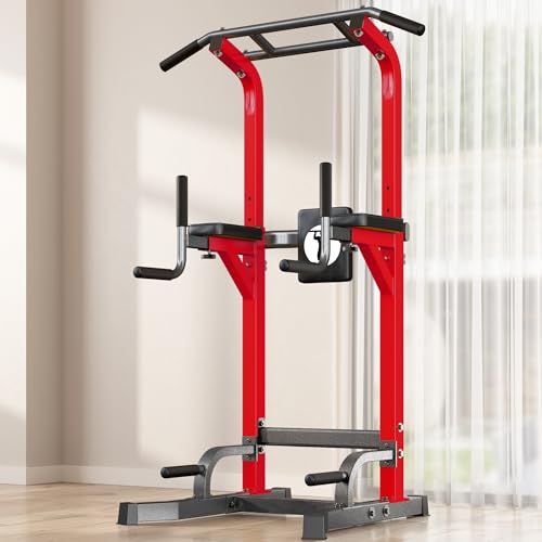 SogesPower Power Tower Pull Up Bar Station Multi-Function Pull Up Bar Stand for Home Gym, Adjustable Height Pull Up Dip Station Dip Bar Strength Training Fitness Equipment,Up to 500LBS - color: Red