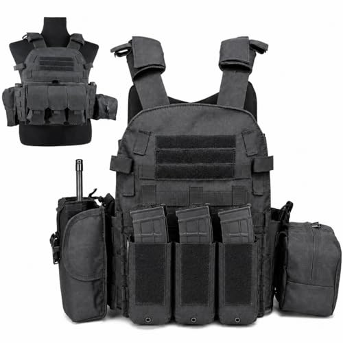 Tactical Vest for Airsoft & Paintball, Adjustable MOLLE Plate Carrier with Patch Panels for Hunting & Outdoor Training - color: Black