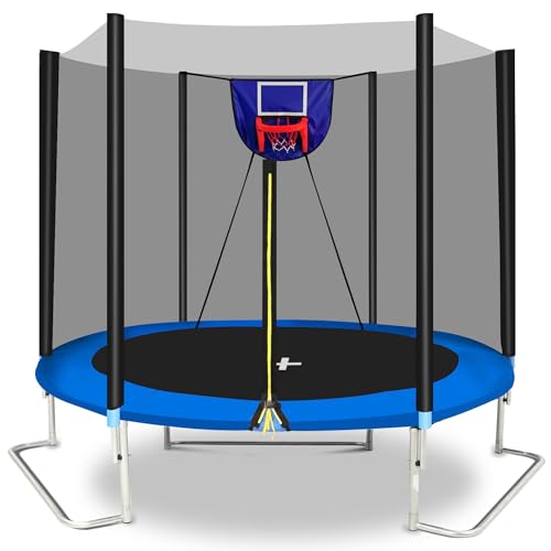 1500LBS 10FT 12FT 14FT 16FT Trampoline for Kids Adults with Basketball Hoop, Enclosure Net, Sprinkler, Lights, Disco Ball with Music Speaker, Heavy Duty Trampoline Outdoor Trampolines - color: Blue - 8FT