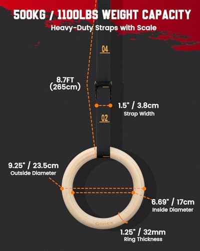 Gonex Wooden Gymnastic Rings with Adjustable Number Straps, Olympic Rings for Gym, Workout, Exercise, Outdoor Training, Quick Install Carabiner, 8.7 ft Straps Pull Up Non-Slip Rings