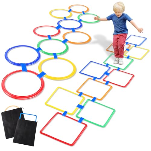 2 Sets of Hopscotch Outdoor Squares 20 Pcs Hopscotch Ring Game with 30 Pcs Connectors Outdoor Indoor Obstacle Course for Kids Playground Agility Training(Hoop, Square) - style: Hoop, Square