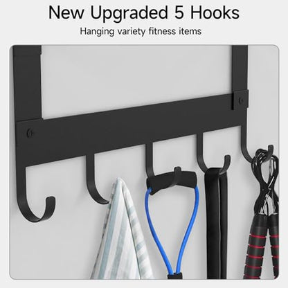 Yoga Mat Holder Wall Mount, Black Yoga Mats Storage Rack, Home Gym Storage with Metal Floating Shelf for Storing Fitness, Yoga Mat Rack with 5 Hooks for Hanging Foam Rollers and Resistance Bands