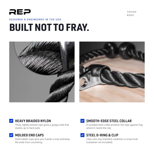 REP Fitness LAT Pulldown and Low Row Cable Machine Attachments and Functional Trainer Attachments – Curl Bar, D-Handle, Ankle Cuff, Tricep Rope, Sports Handle, Straight Bar, Row, Chinning Triangle - style: Tricep Rope