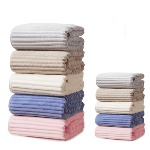 10 PCS Rainbow Coral Fleece Towels Set - Super Absorbent,Extra Large Size, Cost-Effective(Milk White, Deep Blue, Coffee, Pink, Gray)