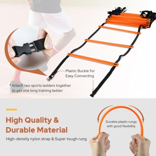 GHB Pro Agility Ladder 2 Pack and 7 Inch 12 Pack Soccer Cones 3 Carrying Bag