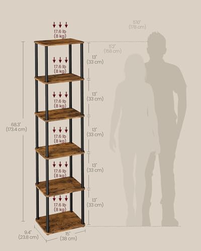 VASAGLE 6-Tier Shelf, Storage Shelves, Bookcase with Shelves, Living Room - color: Rustic Brown + Ink Black, size: 6 Tiers (15"W)