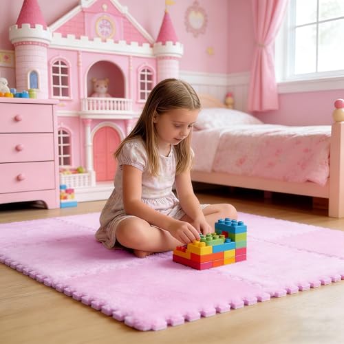 16 PCS Plush Interlocking Carpet Tiles, 0.6" Thick Soft Foam Floor Mat for Baby Crawling, Kids Playroom, Nursery, Bedroom, Living Room & Home Office, Non-Slip Puzzle Floor Tiles(11.8ft, Pink) - color: Pink