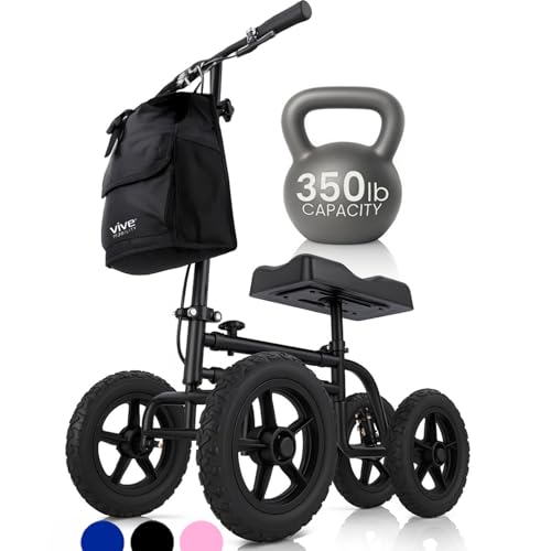 Vive Mobility All Terrain Knee Scooter Walker for Foot Injuries - Adult Broken Leg Crutch Cart Roller for Surgery, Broken Foot, Ankle Injury - Kneeling Rolling Steerable Seated Wheel Scooter Aid - color: Black