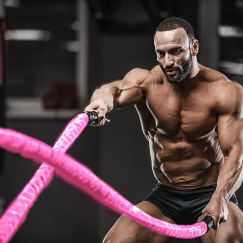 1 inch 30ft Pink Battle Rope Workout Rope Battle Ropes for Home Gym Exercise for Working Out for Exercise Training Weighted Workout - style: 1 inch Pink