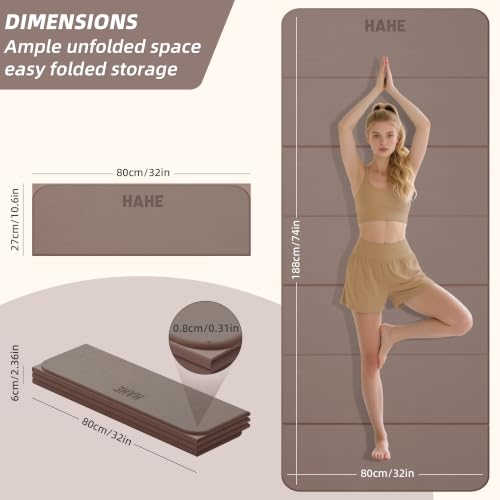 HAHE Foldable Yoga Mat 74"Lx32"Wx1/3"Thick, Folding Exercise Mats - color: Brown