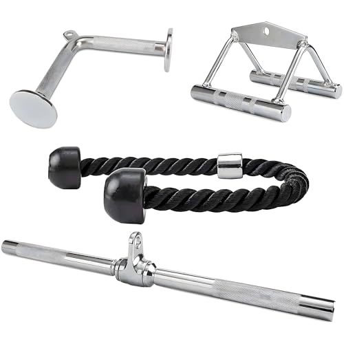 Fitvids Cable Attachment Set 800LB LoadCapacity Tricep Rope, Row Handle, StraightBar, V Bar Commercial Grade Cable MachineAccessories for Home Gym Workouts - size: 4-Piece Set-Chrome