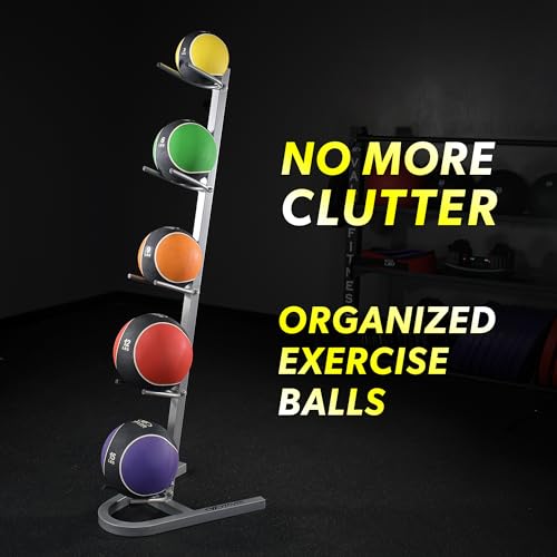 Valor Fitness Upright Exercise Ball Storage Rack - Holds 5 Medicine Balls, Slam Balls, Wall Balls or Basketballs, 250 lb Capacity, Space-Saving Stand for Home Gym Equipment Sports Equipment Organizer