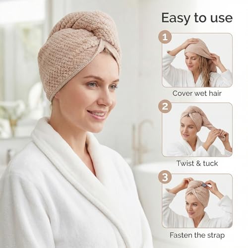 Microfiber Hair Towel Wrap for Women Extra Large Hair Turban Anti-Frizz Hair Drying Towel with Elastic Band for Curly Long Thick for Hair Bath Gym Travel Spa