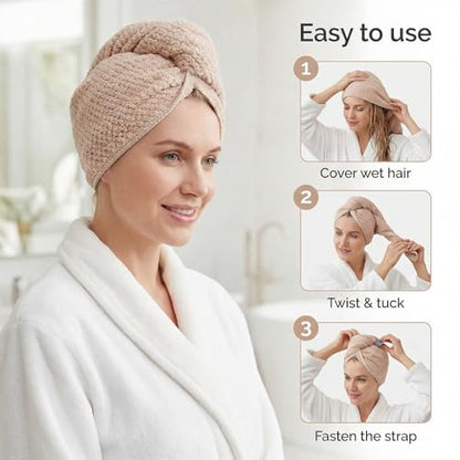 Microfiber Hair Towel Wrap for Women Extra Large Hair Turban Anti-Frizz Hair Drying Towel with Elastic Band for Curly Long Thick for Hair Bath Gym Travel Spa