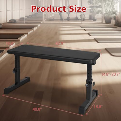 Flat Weight Bench, Utility Workout Adjustable Height Weight Bench Press with Thick Cushion & Anti-slip Foot Pads, Compact Strength Training for Exercise & Fitness, Home/Gym Easy Assembly