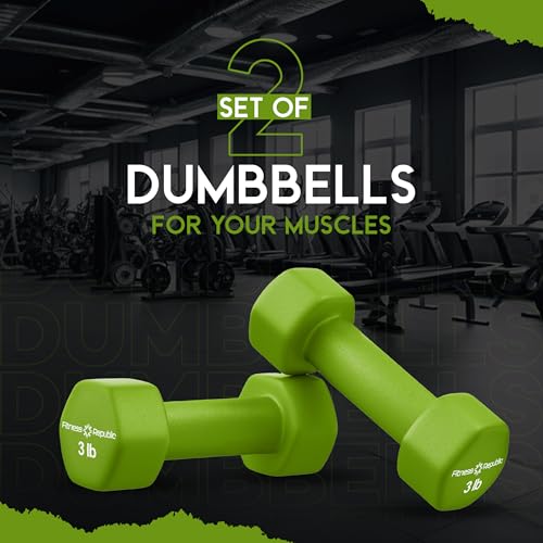 Fitness Republic Neoprene Dumbbell Set of 2, Non-Slip, Hex Shape, Free Weights for Muscle Toning and Strength Building - Portable Home Gym Hand Weights