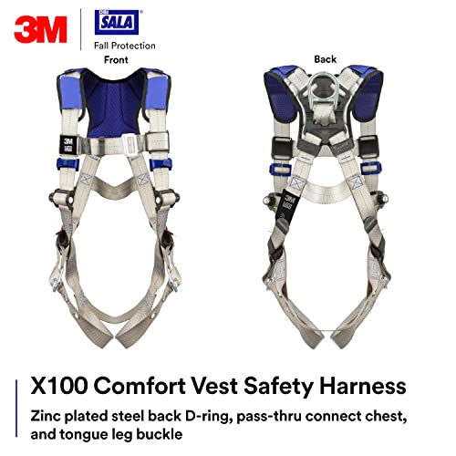 3M DBI-SALA ExoFit X100 Comfort Vest Safety Harness Fall Protection, OSHA, ANSI, General Purpose, 1 D-Ring, Tongue Buckle Leg Strap, Pass-through Chest Buckle, Zinc Plated Steel, 1401001, Medium - size: Medium