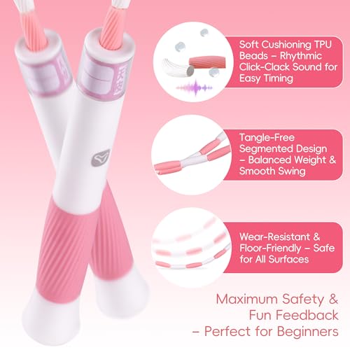YUEDONG Kids Beaded Jump Rope, Adjustable, Name Labels for Ages 5-12 - color: Pink