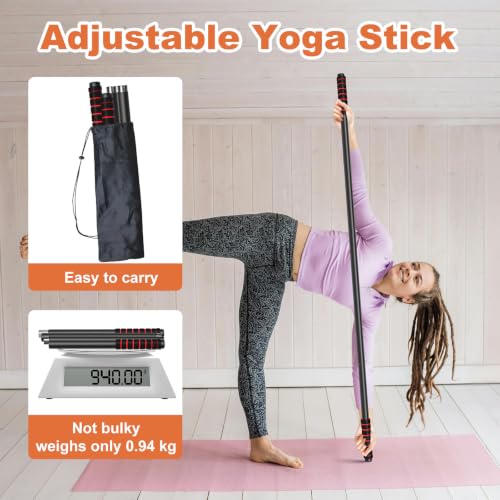 Yoga Stick Sturdy Steel, 5 Ft Adjustable Stretching Stick for Mobility, Flexibility and Balance, Versatile Exercise Stick with Non-Slip Ends and Foam Handles for Fitness, and Posture - color: Black