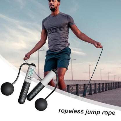 Rope Less Jump Rope Weighted - Digital Jump Counter Trainer, Ball Bearing Exercise Skipping System, Cordless Fitness Speed Jumper, Portable Calorie Workout Equipment For Men Women Cardio Training
