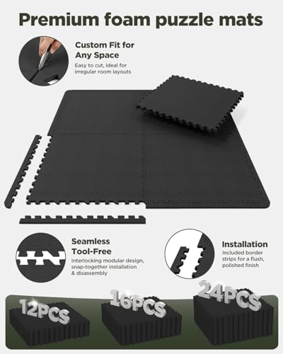 1/2" Thick 16 Pcs 64 Sq Ft EVA Foam Puzzle Exercise Mats, High-Density Interlocking Foam Floor Tiles for Home Gym, Gym Mat for Workout Equipment & Direct Exercise, Floor Padding for Kids