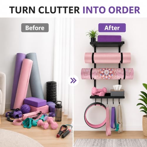 Yoga Mat Holder Wall Mount, Yoga Mats Rack with Double Floating Shelves, Yoga Accessory Storage Rack with 5 Hooks for Resistance Bands and Workout Equipment for Home Gym Storage, Black
