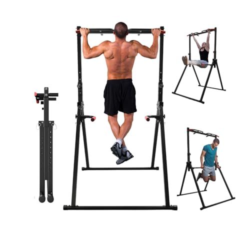 Foldable Pull Up Bar Stand, 440LBS Capacity Adjustable Height Dip Station for Home Gym, Strength Training Equipment for Calisthenics, Pullups, and Dips