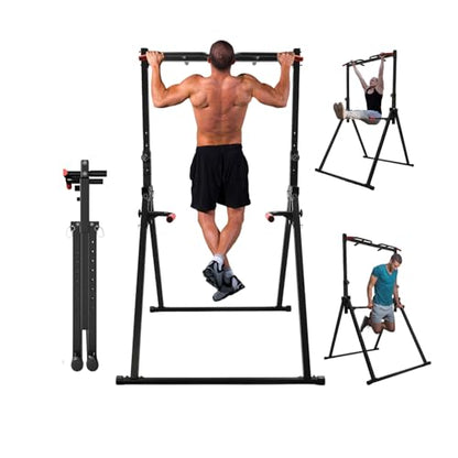 Foldable Pull Up Bar Stand, 440LBS Capacity Adjustable Height Dip Station for Home Gym, Strength Training Equipment for Calisthenics, Pullups, and Dips