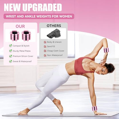 Wrist Ankle Weights Set of 2(1lb Each), Adjustable Silicone Weighted Wristbands for Women Men, Wearable Arm & Leg Weights for Pilates, Walking, Workout Exercise