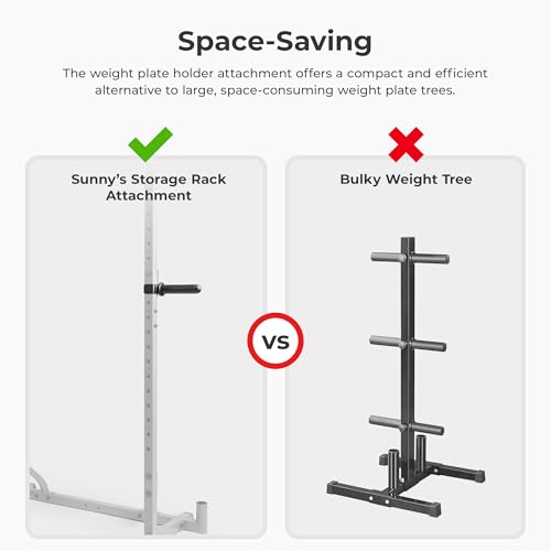 Sunny Health & Fitness Power Cage Squat Rack Upgrade Attachments, Dip Bar, Plate Bar Holder, Belt Squat, J Hook, Lat, Adapter, U Ring, Pull Up Bar, Landmine, Captain's Chair, Tricep Rope For Home Gym - style: Plate Holder