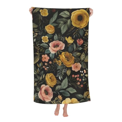 Vintage Floral Beach Towel, 32x52in Microfiber Quick Dry Yellow and Pink Flower Blossom Black Bath Towels, Soft Lightweight Oversized Sand Free, for Travel Pool Swimming Gym Decor, Gifts - color: Floral