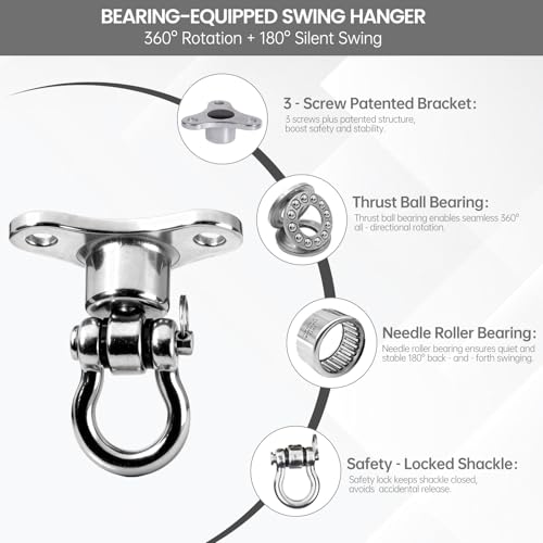 Helffer Heavy Duty Stainless Steel Swing Hanger - 1500 LB Capacity 360°+180° Swivel Swing Hook with Smooth Bearings, for Swing Set, Porch Swing, Hammock Chair, Aerial Yoga, Punching Bag