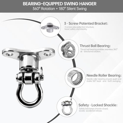 Helffer Heavy Duty Stainless Steel Swing Hanger - 1500 LB Capacity 360°+180° Swivel Swing Hook with Smooth Bearings, for Swing Set, Porch Swing, Hammock Chair, Aerial Yoga, Punching Bag