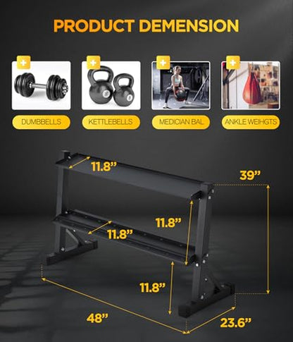 48" Kettlebell Storage Rack, 2-Tier Dumbbell and Kettlebell Rack for Home Gym, 1000LBS Weights Storage for Free Weights, Dumbbells, Kettlebells and Medicine Ball