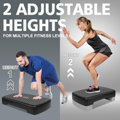 18'' Adjustable Aerobic Step Platform, Adjustable Fitness 4-6in Exercise Stepper Workout with 2 Risers, Aerobics Stepper Workout Stepper for Home Gym Cardio Strength & Training