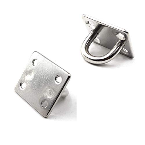 4Pcs M6 304 Stainless Steel Oblong Pad Eye Plate and 4Pcs Carabiner Clips, Marine Hardware Staple Hook Loop with 16 Screws and Plastic Plugs - size: M6 square pad 8