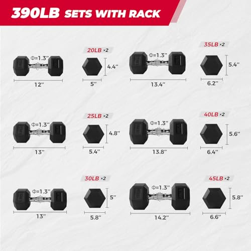 RitFit Rubber Coated Hex Dumbbell Set with Rack, 5-780LB for Home Gym Strength Training, Anti-Slip Knurled Handle, Hexagon Anti-Roll, Heavy-Duty Storage Rack - style: 390LB Set-3-Tier Rack (20-45LB）