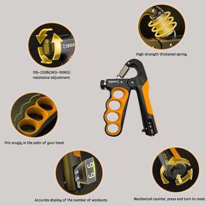 Grip Strength Trainer, Hand Grip Strengthener, Forearm Strengthener, Adjustable Resistance 11 Lbs - 220 Lbs, Ergonomic Design - color: yellow